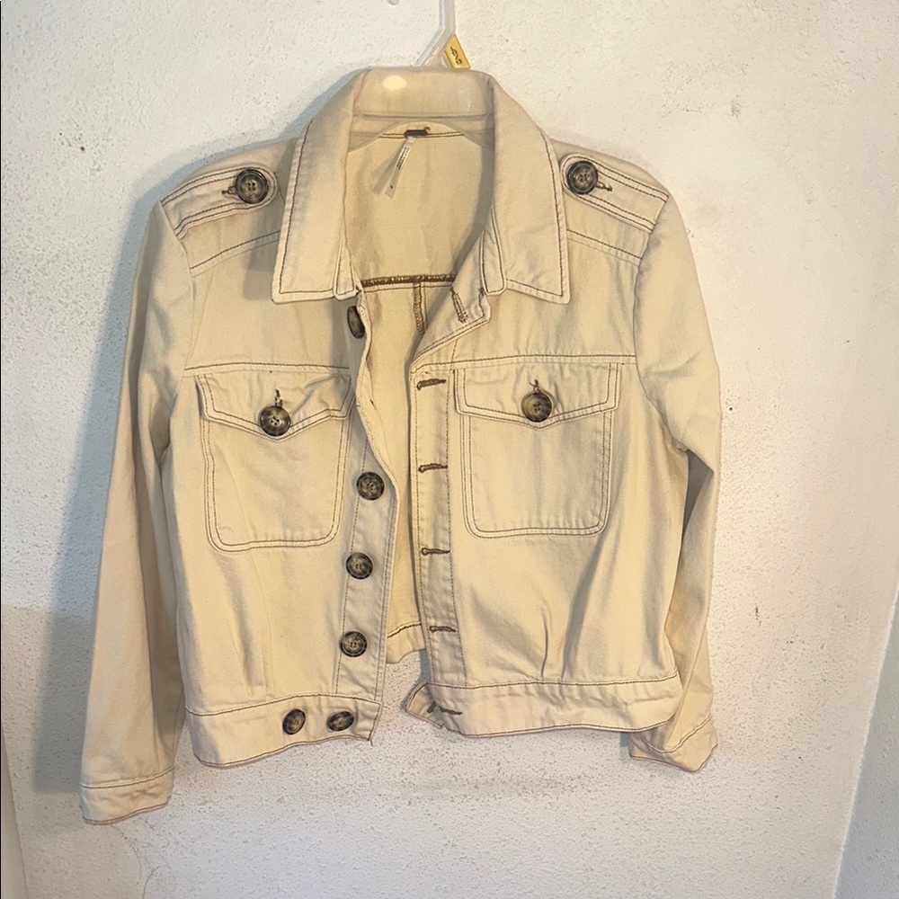Free People Cream Jean Jacket Cropped Fitted
